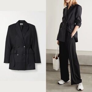 CO Blazer Jacket Black Pinstripe Wool Blend Tie Waist Pockets Size L